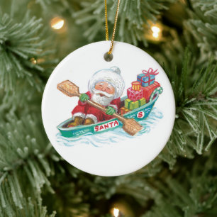 Cute Tecknad Jolly Jultomten i en Row Boat Julgransprydnad Keramik