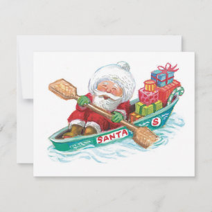 Cute Tecknad Jolly Jultomten i en Row Boat Julkort