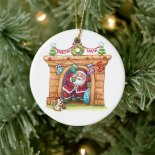Cute Tecknad Jolly Jultomten kommer ned Skorsten Julgransprydnad Keramik