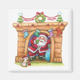 Cute Tecknad Jolly Jultomten kommer ned Skorsten Magnet
