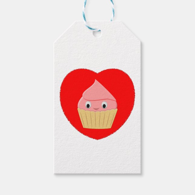 Cute Tecknad jordgubbskupaka i rött hjärta Presentetikett (Framsidan)