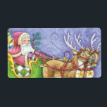 Cute Tecknad jul Jultomten Sleigh Reindeer Fraktsedel<br><div class="desc">Vintage illustrerar den söta God jul helgdag med ett lycklig,  jolly Jultomten med en säck fullt av leksaker som kör sitt gled och dras av två adjektiva renar med klockor på. Ho,  Ho,  hur ska säsongens hälsningar se ut!</div>