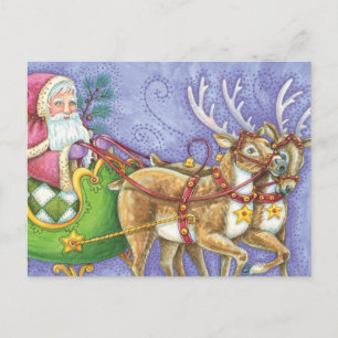 Cute Tecknad jul Jultomten Sleigh Reindeer Helg Vykort