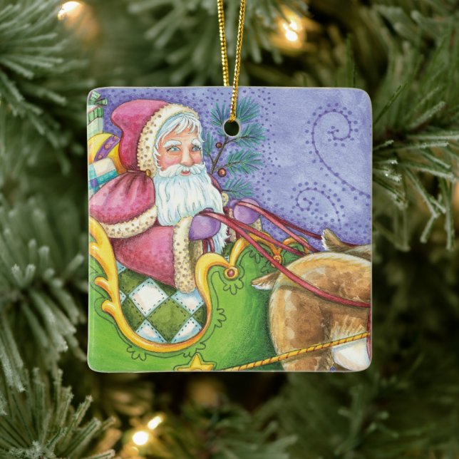 Cute Tecknad jul Jultomten Sleigh Reindeer Julgransprydnad Keramik (Träd)