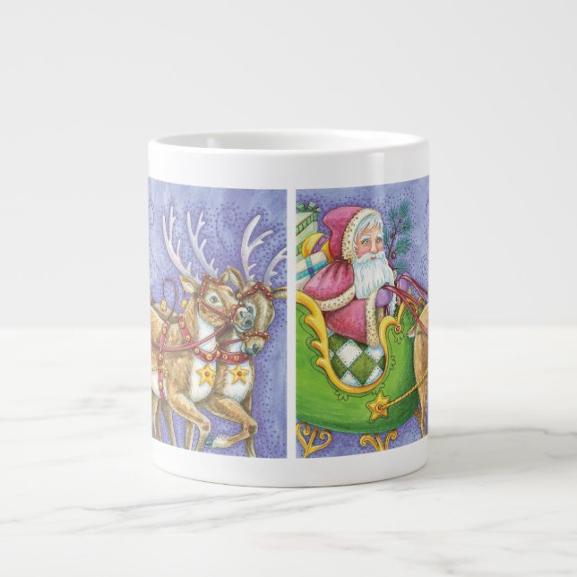 Cute Tecknad jul Jultomten Sleigh Reindeer Jumbo Mugg (Framsidan)