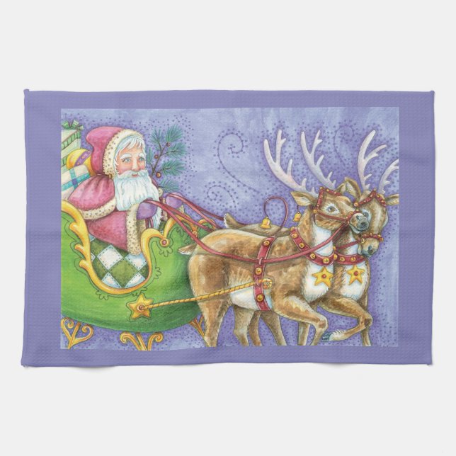 Cute Tecknad jul Jultomten Sleigh Reindeer Kökshandduk (Horisontell)