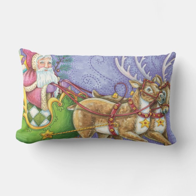 Cute Tecknad jul Jultomten Sleigh Reindeer Lumbarkudde (Framsida)
