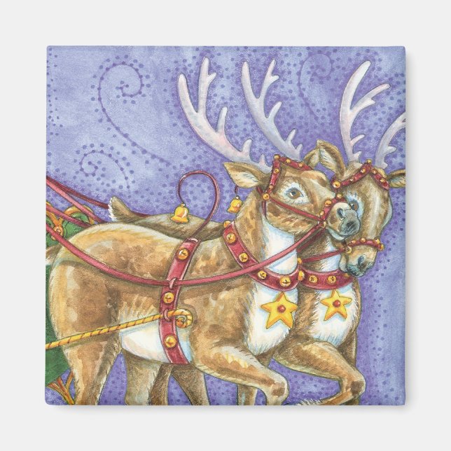 Cute Tecknad jul Jultomten Sleigh Reindeer Magnet (Framsidan)