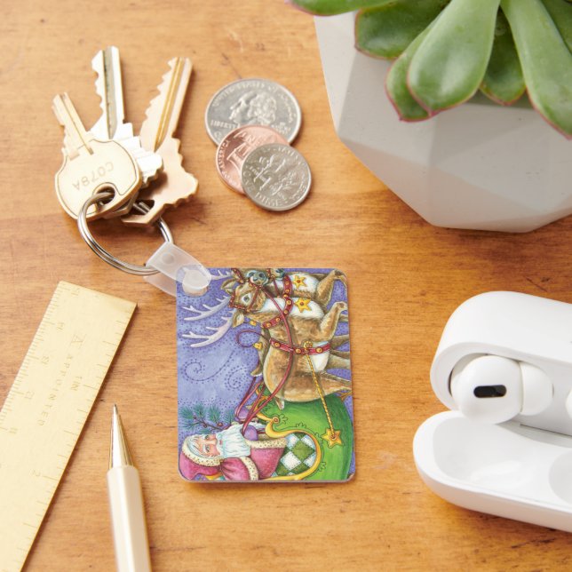 Cute Tecknad jul Jultomten Sleigh Reindeer Nyckelring (Skrivbord)