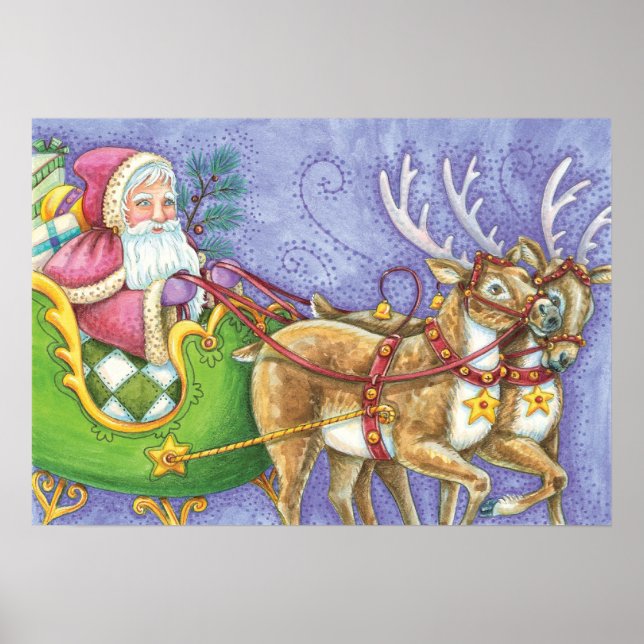 Cute Tecknad jul Jultomten Sleigh Reindeer Poster (Framsidan)