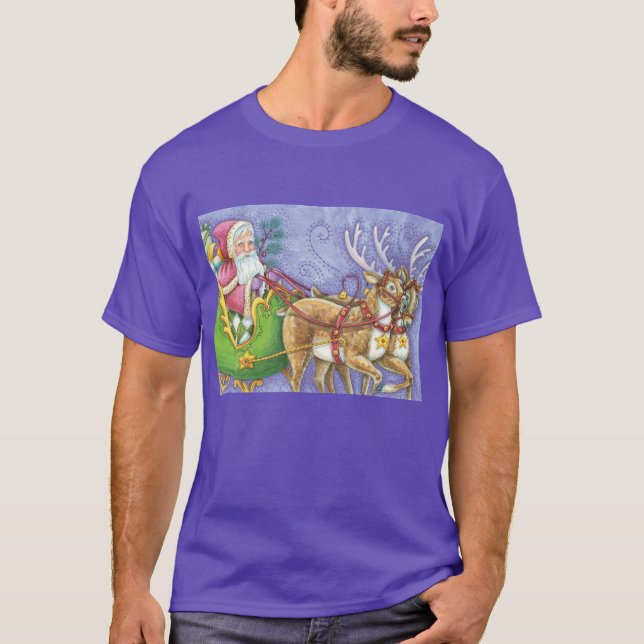 Cute Tecknad jul Jultomten Sleigh Reindeer T Shirt (Framsida)