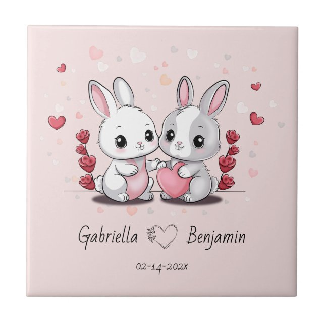 Cute Tecknad Kanin Älskare Heart Valentindagen Kakelplatta (Framsidan)