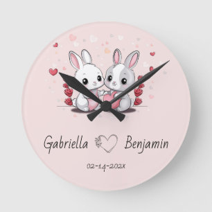 Cute Tecknad Kanin Älskare Heart Valentindagen Rund Klocka