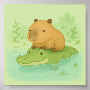 Cute tecknad kapybara på grönt krokodil poster