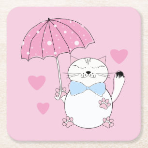 Cute tecknad katt med paraply underlägg papper kvadrat
