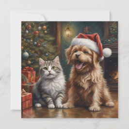 Cute Tecknad Katt och Hund jul Julkort
