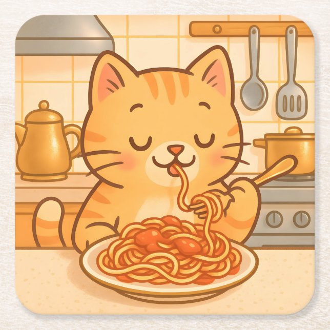 Cute Tecknad Kattunge Spaghetti Underlägg set Papper Kvadrat (Framsidan)
