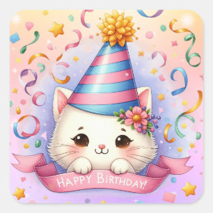 Cute Tecknad Kawaii Kattunge Grattis på födelsedag Fyrkantigt Klistermärke