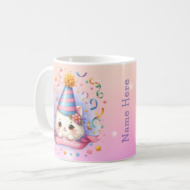 Cute Tecknad Kawaii Kattunge Grattis på födelsedag Kaffemugg (Framsida vänster)