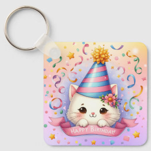Cute Tecknad Kawaii Kattunge Grattis på födelsedag Nyckelring