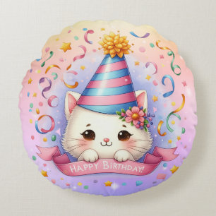 Cute Tecknad Kawaii Kattunge Grattis på födelsedag Rund Kudde