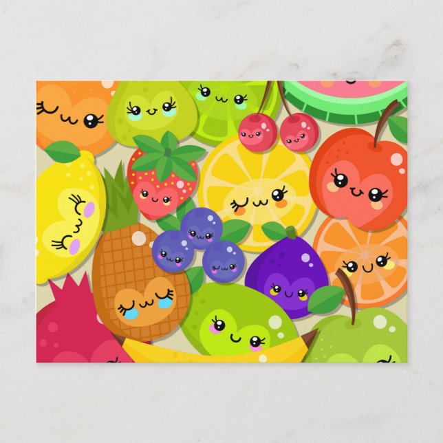 Cute Tecknad Kawaii Lycklig Summer Fruit Gang Vykort (Framsida)