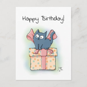 Cute Tecknad Kitten på Gift Box Grattis på födelse Vykort
