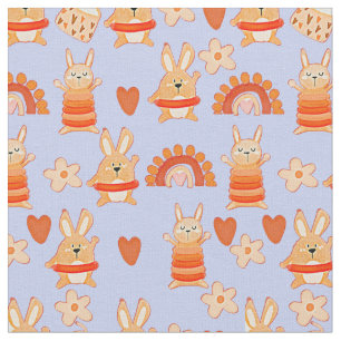 Cute Tecknad Leksak Rabbit Bunnies & Rainbow på Bl Tyg