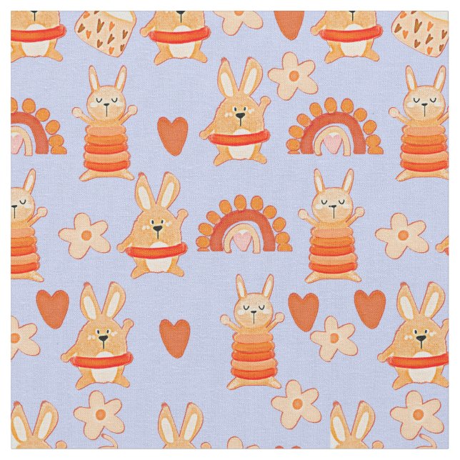 Cute Tecknad Leksak Rabbit Bunnies & Rainbow på Bl Tyg (Närbild)