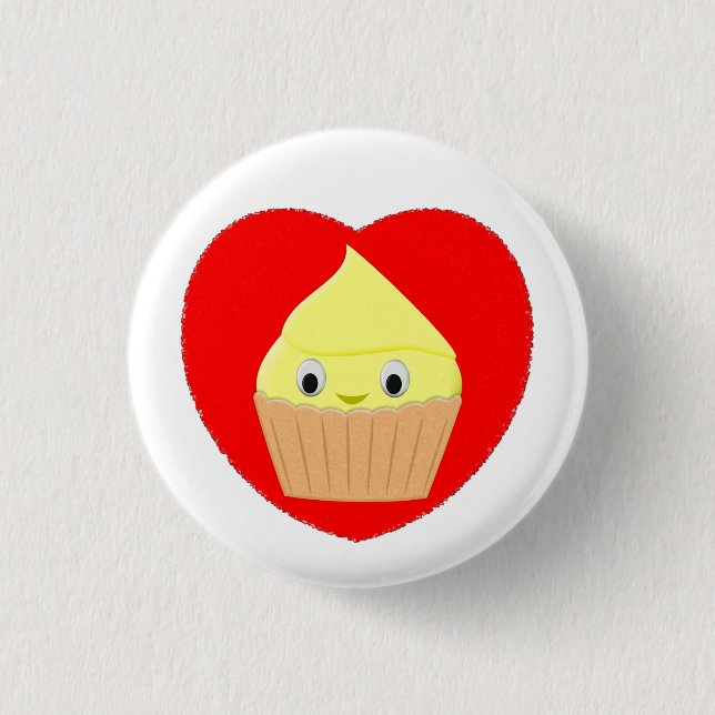Cute Tecknad Lemon Cupcoa i Red Heart Button Knapp (Framsida)
