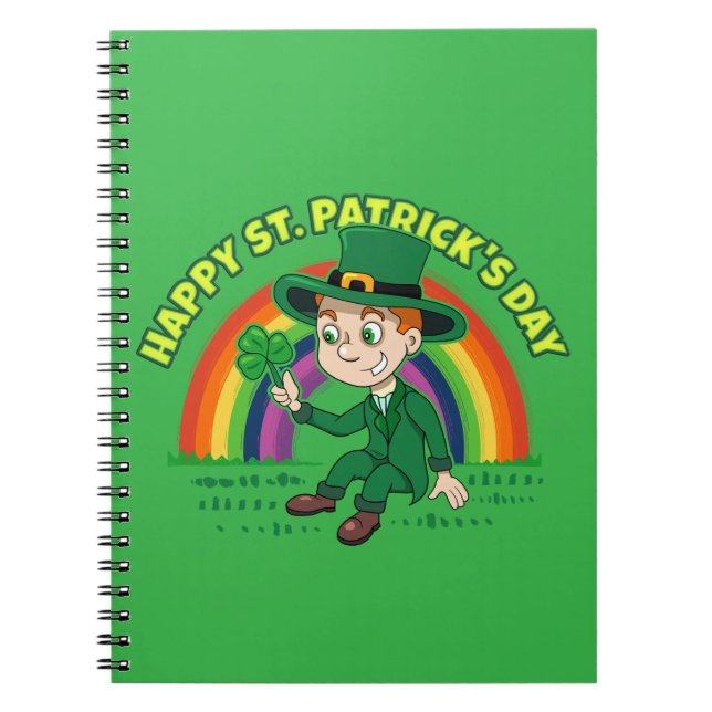 Cute tecknad leprechaun med schack och regnbåge anteckningsbok (Framsidan)