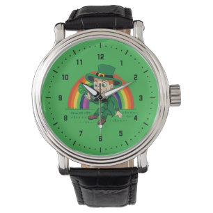 Cute tecknad leprechaun med schack och regnbåge armbandsur