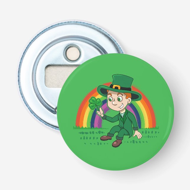 Cute tecknad leprechaun med schack och regnbåge flasköppnare (Framsidan)