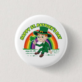 Cute tecknad leprechaun med schack och regnbåge knapp