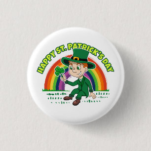 Cute tecknad leprechaun med schack och regnbåge knapp