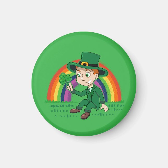 Cute tecknad leprechaun med schack och regnbåge magnet (Framsidan)