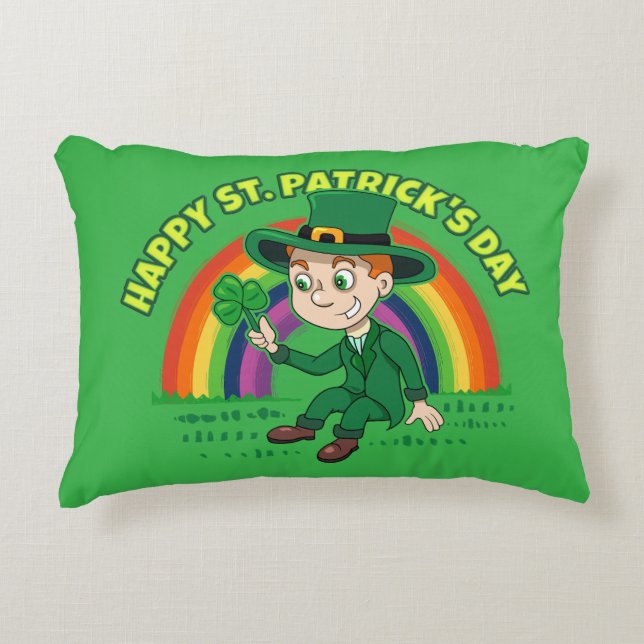 Cute tecknad leprechaun med schack och regnbåge prydnadskudde (Framsidan)