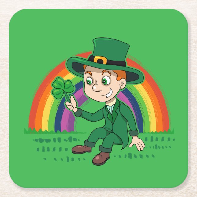 Cute tecknad leprechaun med schack och regnbåge underlägg papper kvadrat (Framsidan)