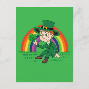 Cute tecknad leprechaun med schack och regnbåge vykort