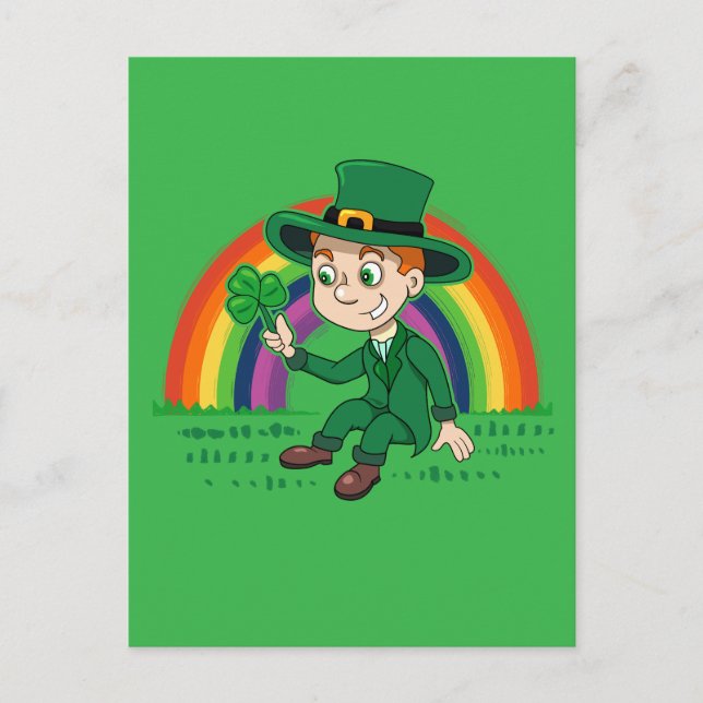 Cute tecknad leprechaun med schack och regnbåge vykort (Framsida)