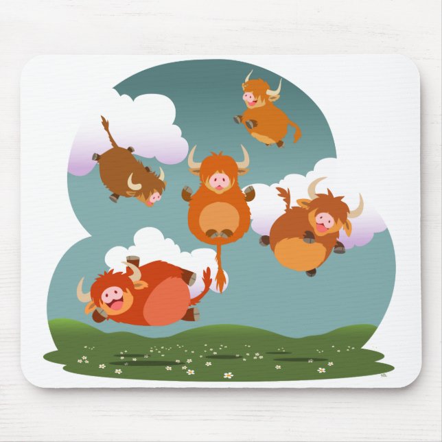 Cute Tecknad Levitland Highland Cows Mousepad Musmatta (Framsidan)
