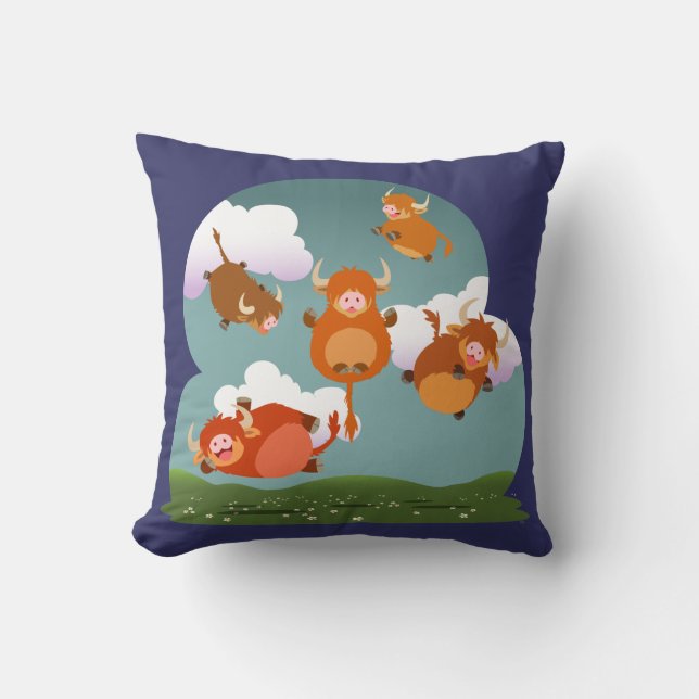 Cute Tecknad Levitting Highland Cows Pillow Kudde (Framsida)