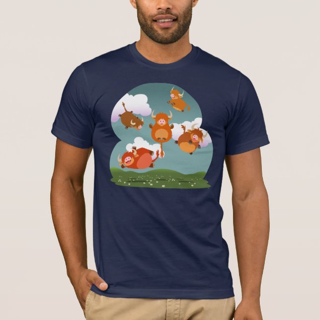 Cute Tecknad Levitting Highland Cows T-Shirt (Framsida)