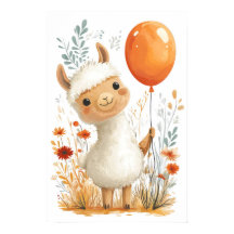 Cute Tecknad Llama Holding Orange Balloon Poster
