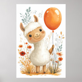 Cute Tecknad Llama Holding Orange Balloon Poster
