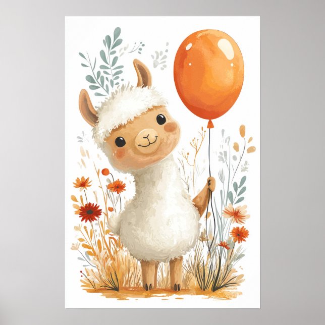 Cute Tecknad Llama Holding Orange Balloon Poster (Framsidan)