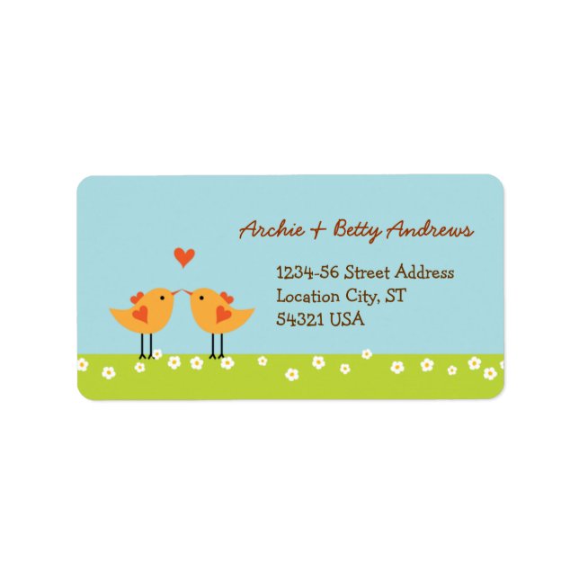 Cute Tecknad Love birds (dag) Bröllop Adressetikett (Framsidan)