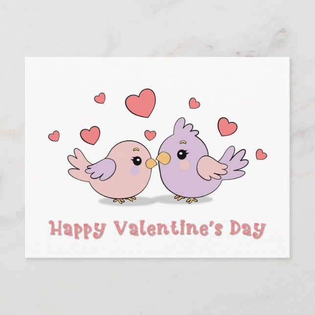 Cute Tecknad Lovebird and Hearts Valentine Day Vykort (Framsida)