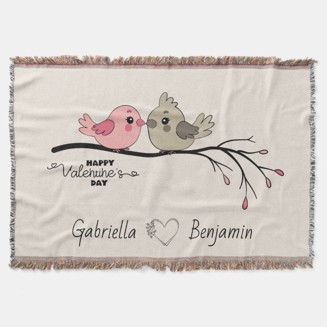 Cute Tecknad Lovebird på gren Valentindagen Filt (Framsidan)