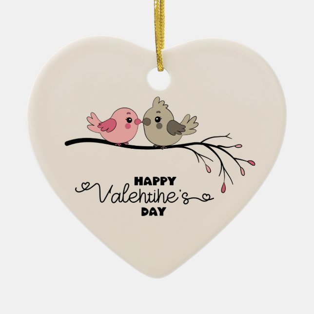 Cute Tecknad Lovebird på gren Valentindagen Julgransprydnad Keramik (Framsidan)